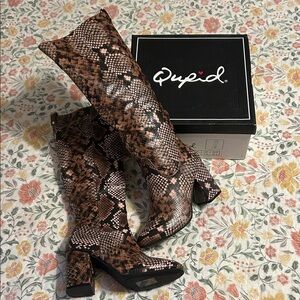 Qupid Snakeskin Heeled Boots - Brown and Black